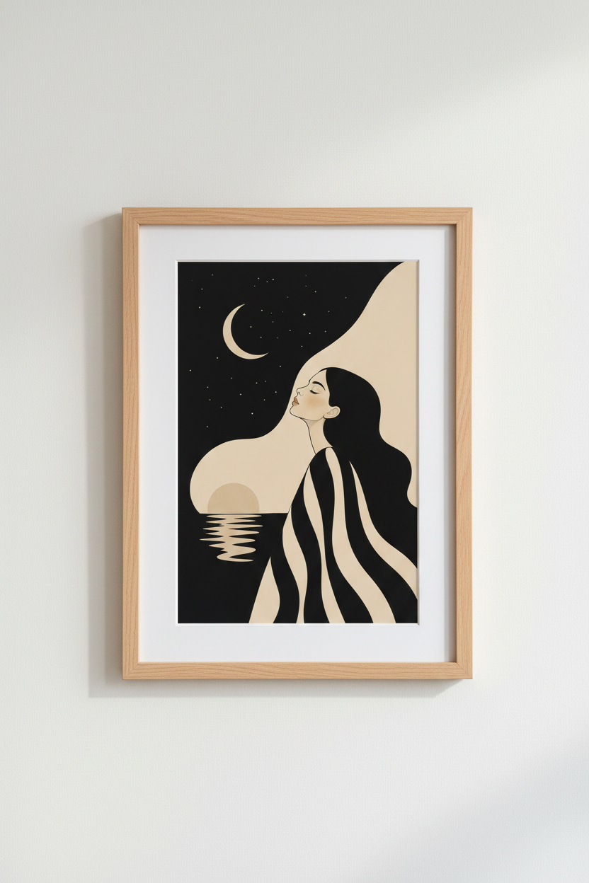 Minimalist Line Moonlit Woman Wall Art Print | Living Room Decor | Monochrome Poster