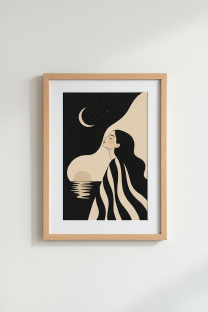 Minimalist Line Moonlit Woman Wall Art Print | Living Room Decor | Monochrome Poster
