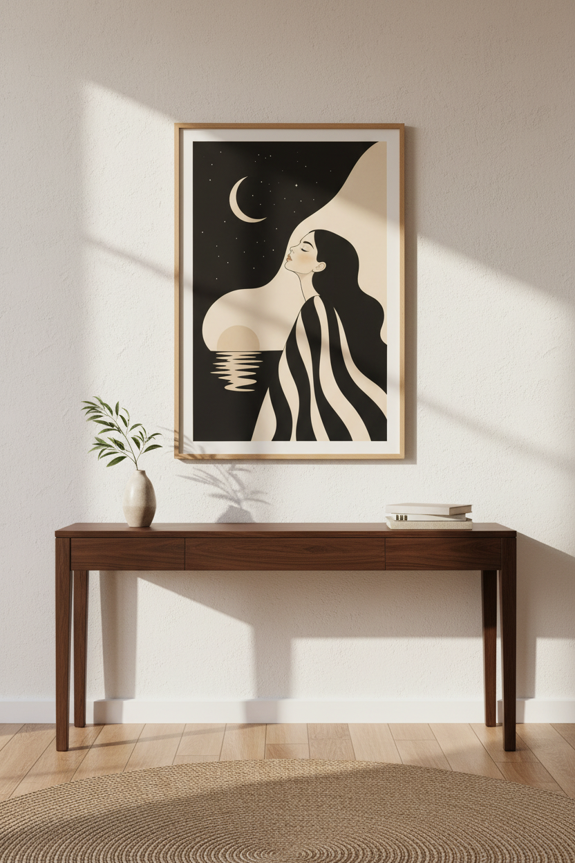 Minimalist Line Moonlit Woman Wall Art Print | Living Room Decor | Monochrome Poster