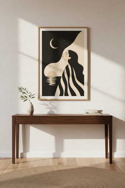 Minimalist Line Moonlit Woman Wall Art Print | Living Room Decor | Monochrome Poster