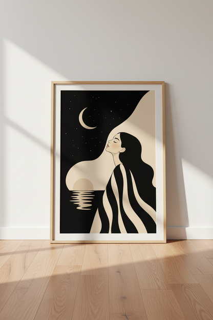 Minimalist Line Moonlit Woman Wall Art Print | Living Room Decor | Monochrome Poster