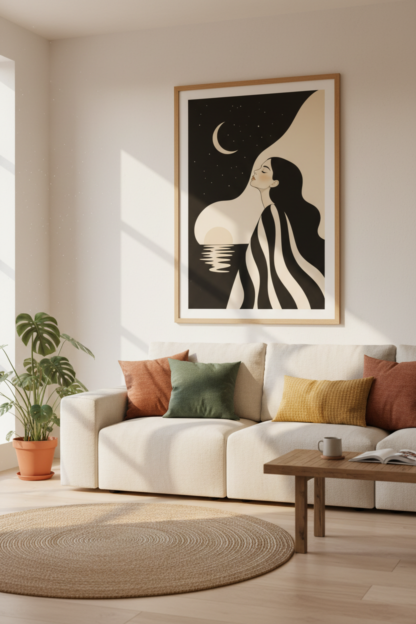 Minimalist Line Moonlit Woman Wall Art Print | Living Room Decor | Monochrome Poster