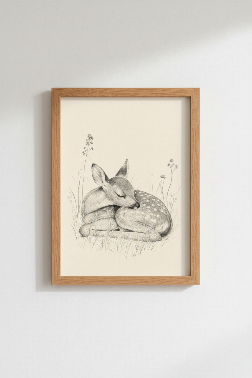 Sleeping Fawn Pencil Sketch Wall Art | Woodland Nursery Decor | Vintage Animal Poster