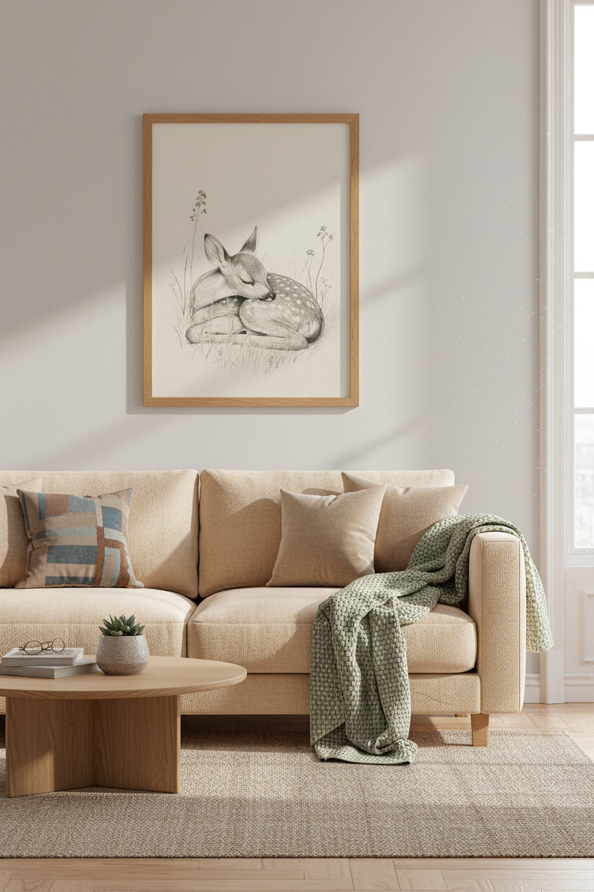 Sleeping Fawn Pencil Sketch Wall Art | Woodland Nursery Decor | Vintage Animal Poster