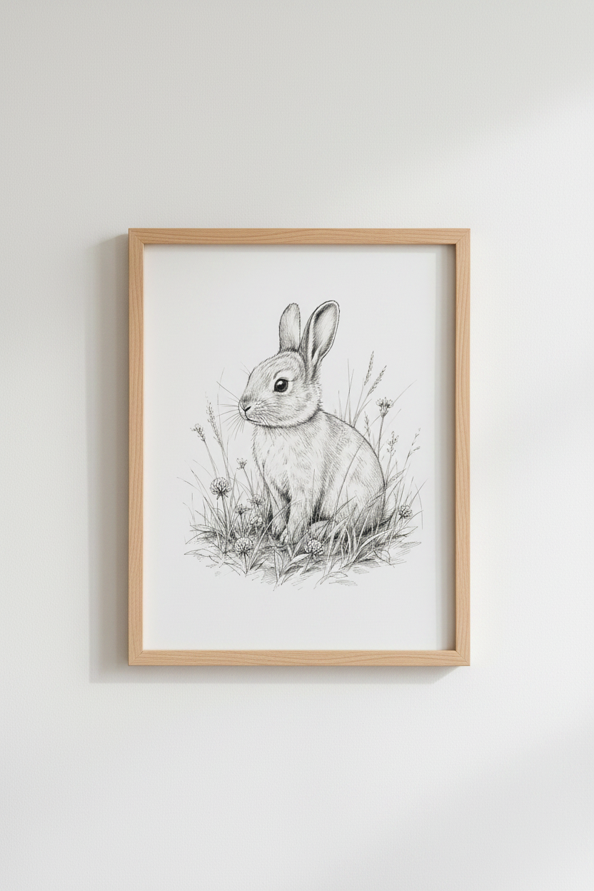 Vintage Bunny Sketch Wall Art Print | Nursery Decor | Cottagecore Rabbit Poster
