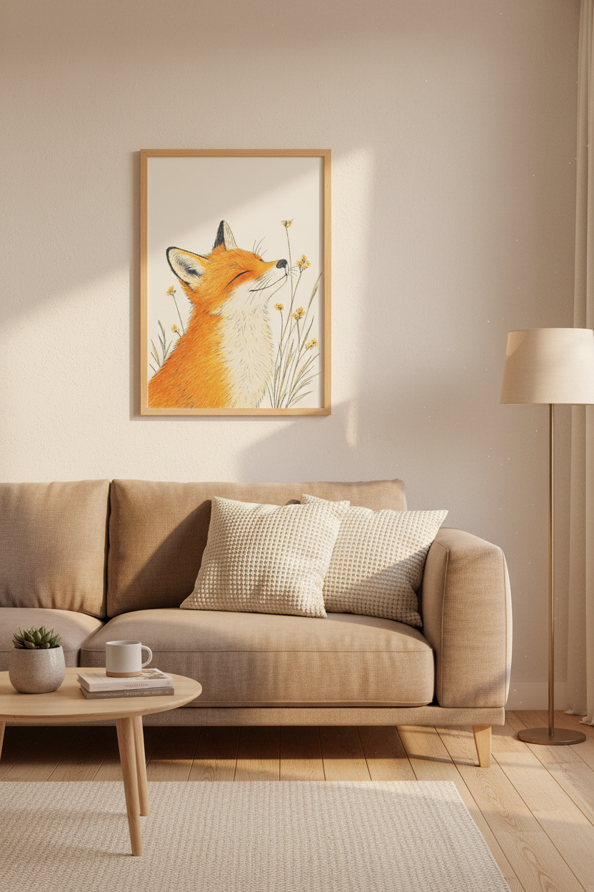 Smiling Fox Wall Art | Orange Woodland Animal Decor | Whimsical Nature Poster