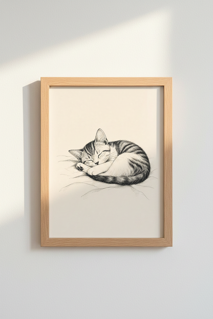 Sleeping Cat Pen Ink Sketch | Vintage Kitten Nursery Wall Art | Minimalist Poster