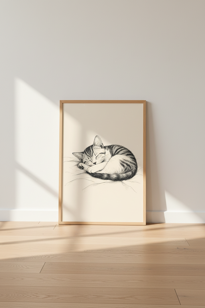 Sleeping Cat Pen Ink Sketch | Vintage Kitten Nursery Wall Art | Minimalist Poster