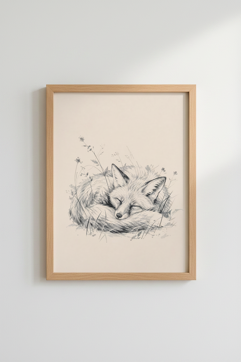 Sleeping Fox Pencil Sketch Art | Woodland Nursery Decor | Neutral Minimalist Poster
