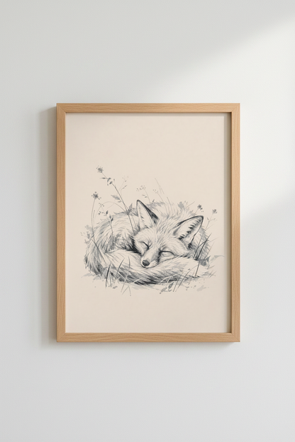 Sleeping Fox Pencil Sketch Art | Woodland Nursery Decor | Neutral Minimalist Poster