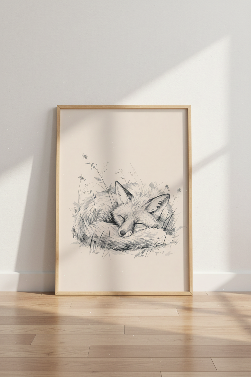 Sleeping Fox Pencil Sketch Art | Woodland Nursery Decor | Neutral Minimalist Poster