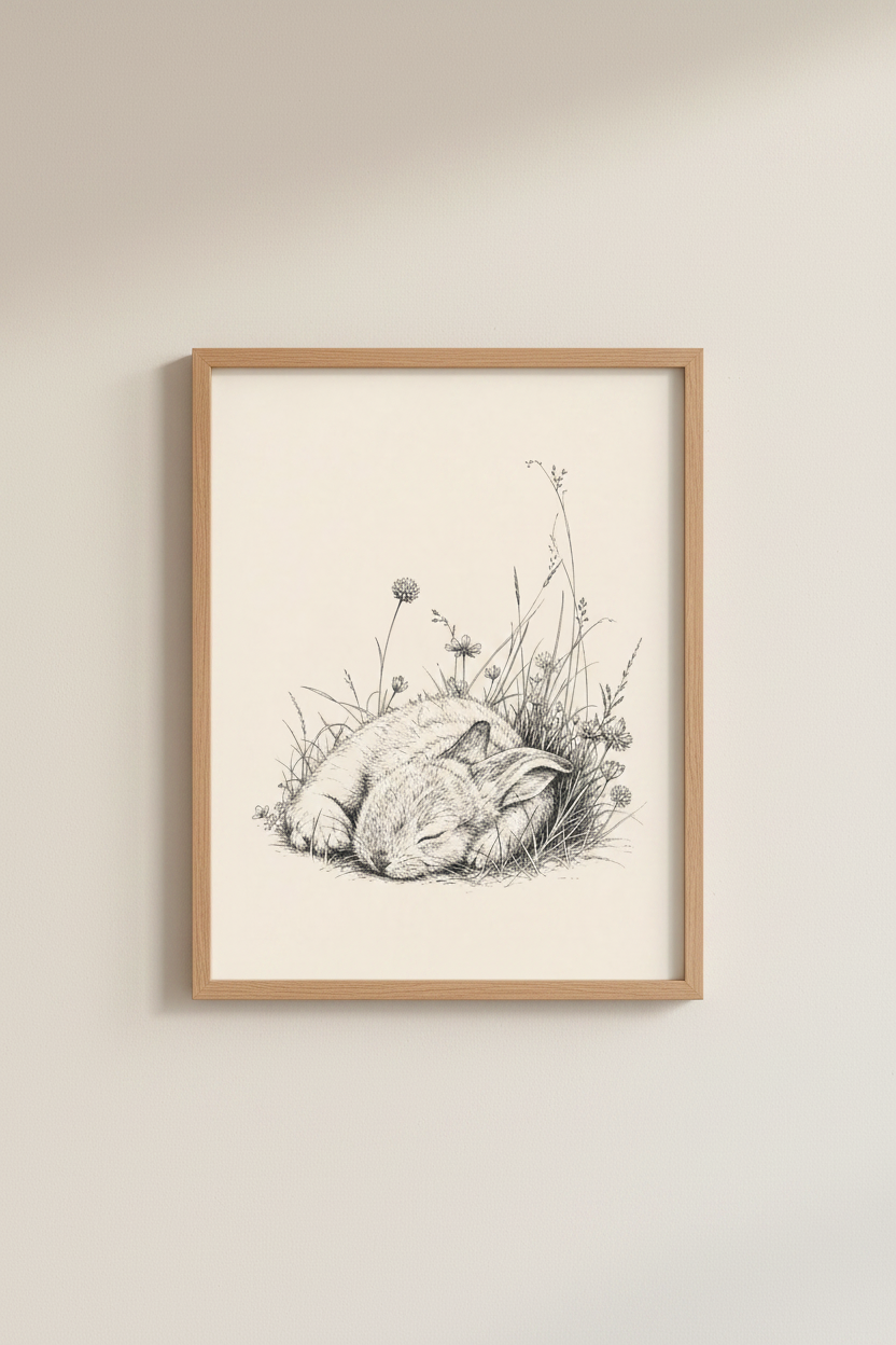 Sleeping Bunny Wall Art | Ink Sketch Rabbit Poster | Neutral Nursery Decor