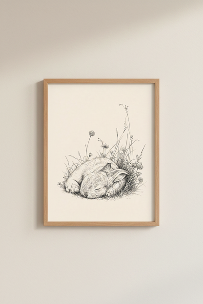 Sleeping Bunny Wall Art | Ink Sketch Rabbit Poster | Neutral Nursery Decor