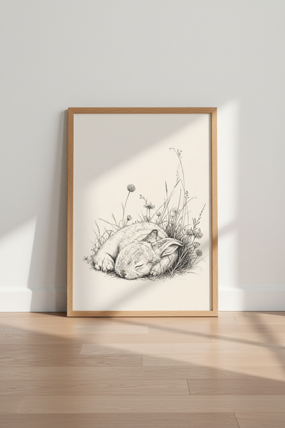 Sleeping Bunny Wall Art | Ink Sketch Rabbit Poster | Neutral Nursery Decor