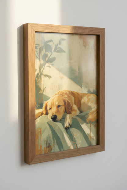 Golden Retriever Sleeping Wall Art | Sunlit Dog Painting, Cozy Home Decor