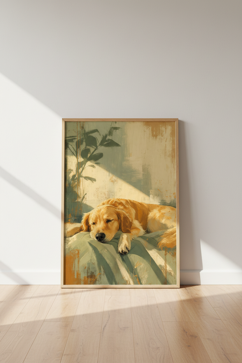 Golden Retriever Sleeping Wall Art | Sunlit Dog Painting, Cozy Home Decor