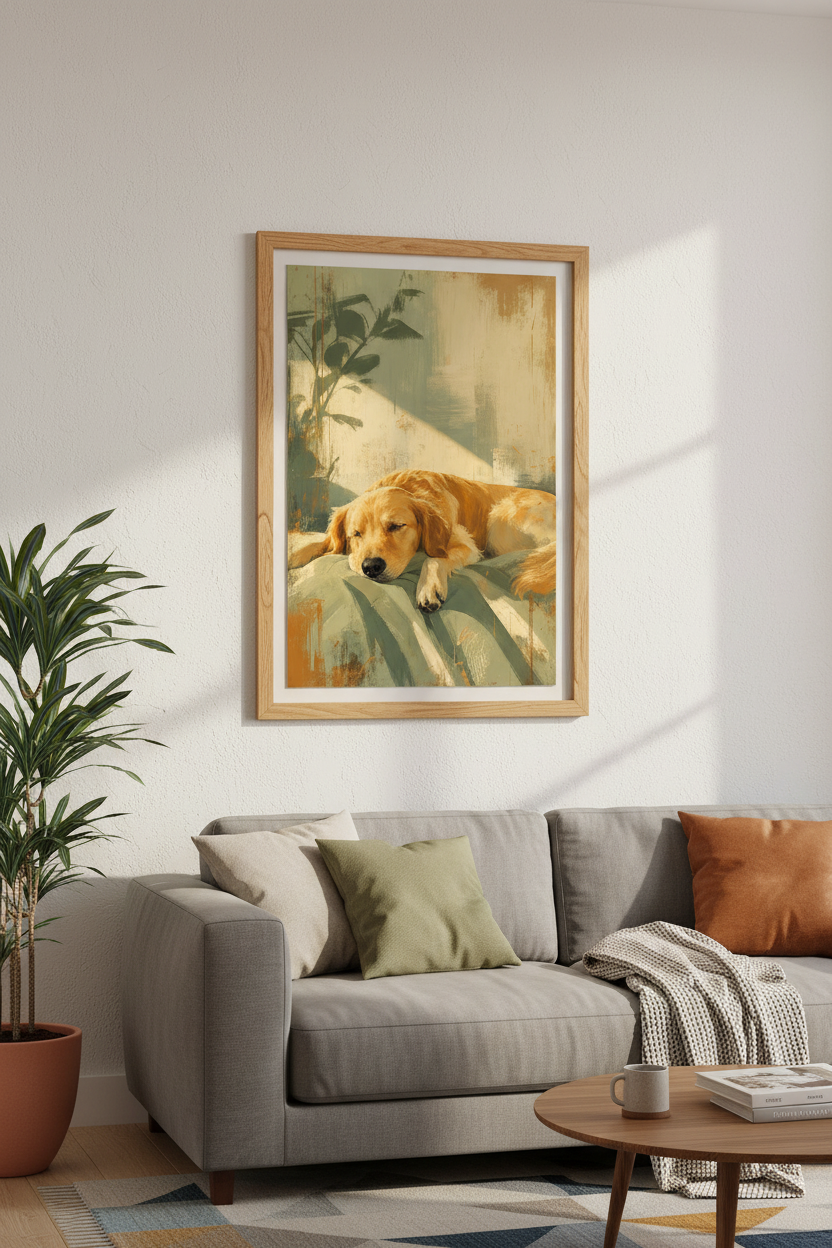 Golden Retriever Sleeping Wall Art | Sunlit Dog Painting, Cozy Home Decor