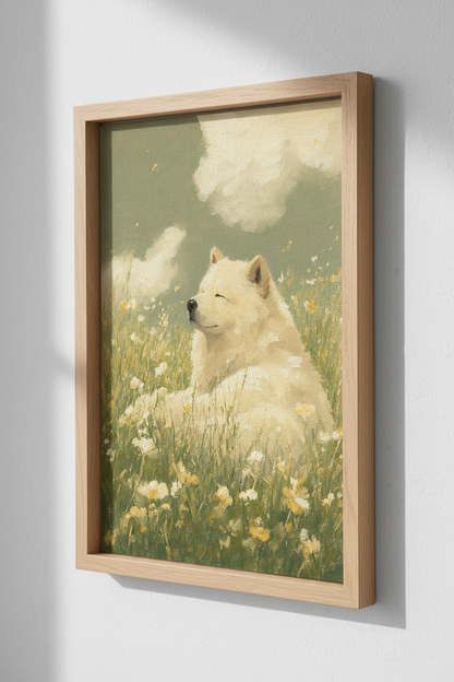 Samoyed Dog in Meadow Wall Art | Impressionist Sage Green Decor | Whimsical Poster