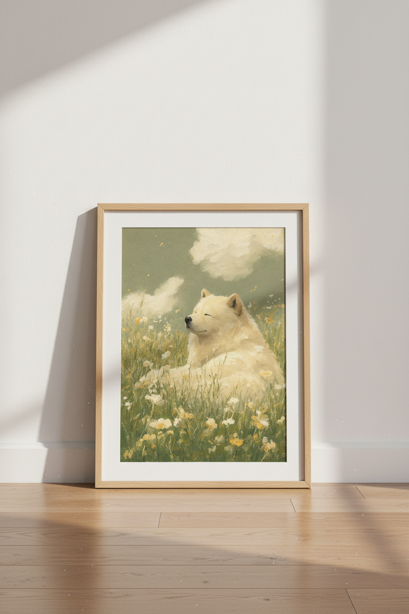 Samoyed Dog in Meadow Wall Art | Impressionist Sage Green Decor | Whimsical Poster