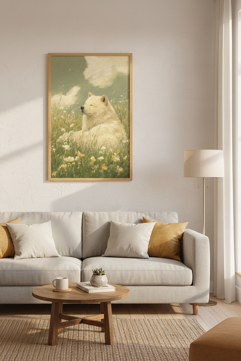 Samoyed Dog in Meadow Wall Art | Impressionist Sage Green Decor | Whimsical Poster