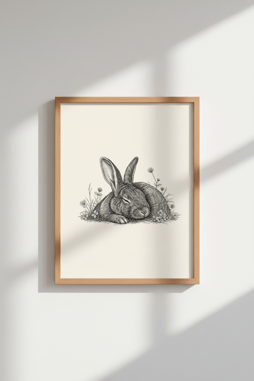 Sleeping Bunny Wall Art | Vintage Sketch Rabbit, Nursery &amp; Cottagecore Decor