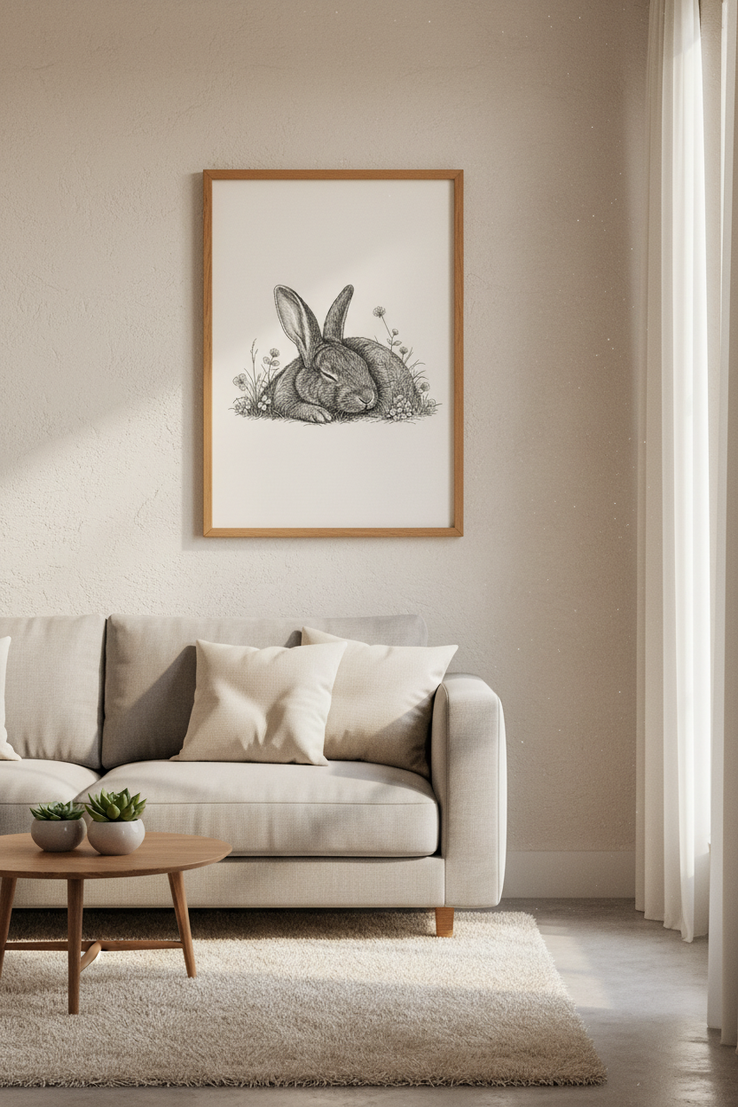 Sleeping Bunny Wall Art | Vintage Sketch Rabbit, Nursery &amp; Cottagecore Decor