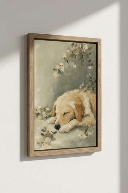 Golden Retriever Puppy Oil Painting | Muted Sage &amp; Cream Decor, Nursery Wall Art