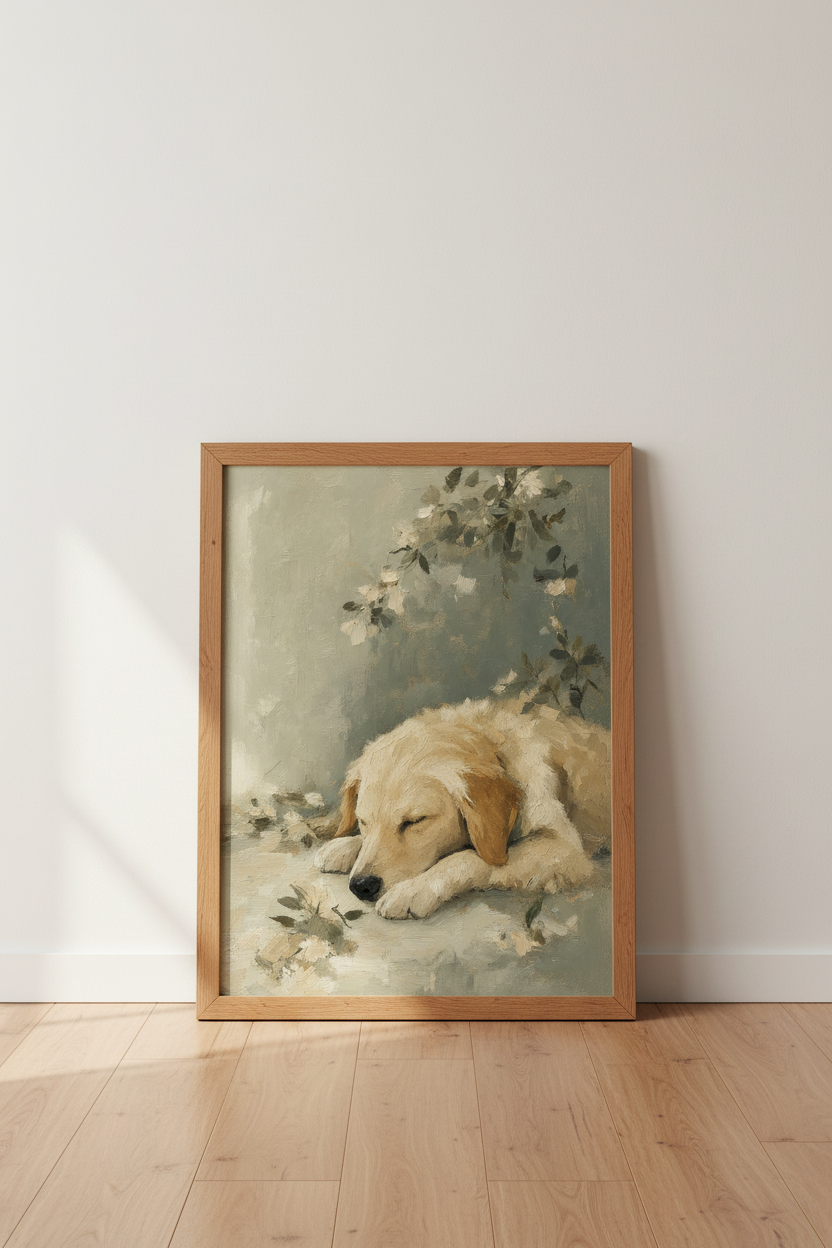 Golden Retriever Puppy Oil Painting | Muted Sage &amp; Cream Decor, Nursery Wall Art