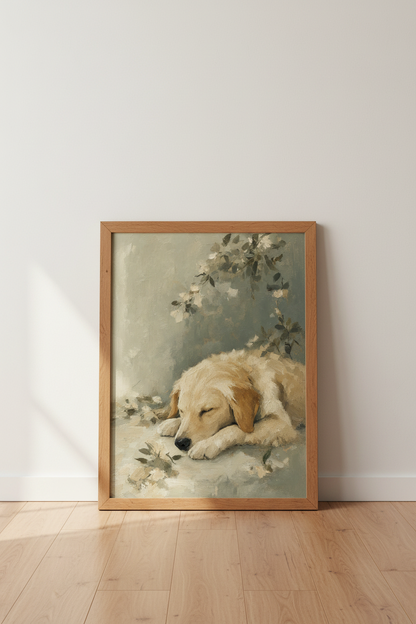 Golden Retriever Puppy Oil Painting | Muted Sage &amp; Cream Decor, Nursery Wall Art
