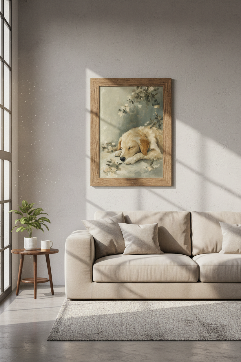 Golden Retriever Puppy Oil Painting | Muted Sage &amp; Cream Decor, Nursery Wall Art