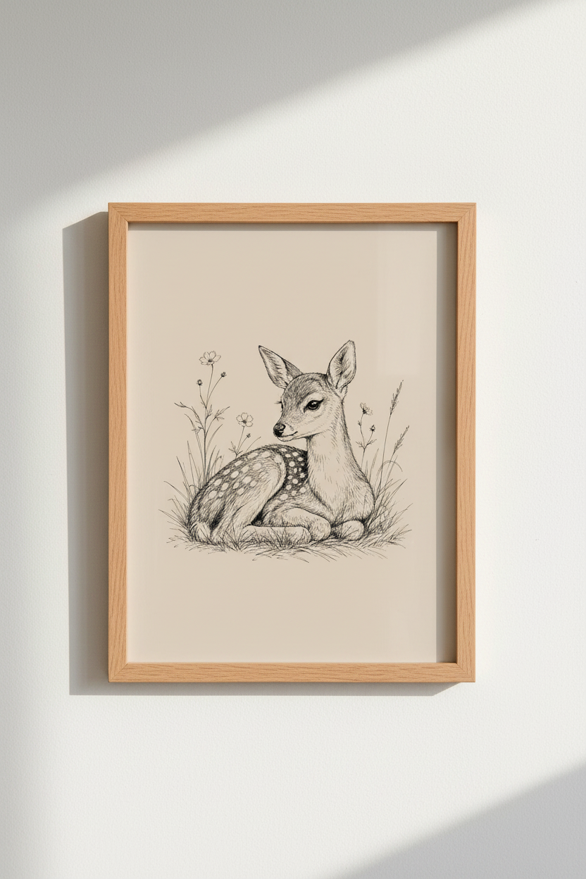 Baby Deer Fawn Sketch Wall Art | Woodland Nursery Decor | Vintage Animal Poster