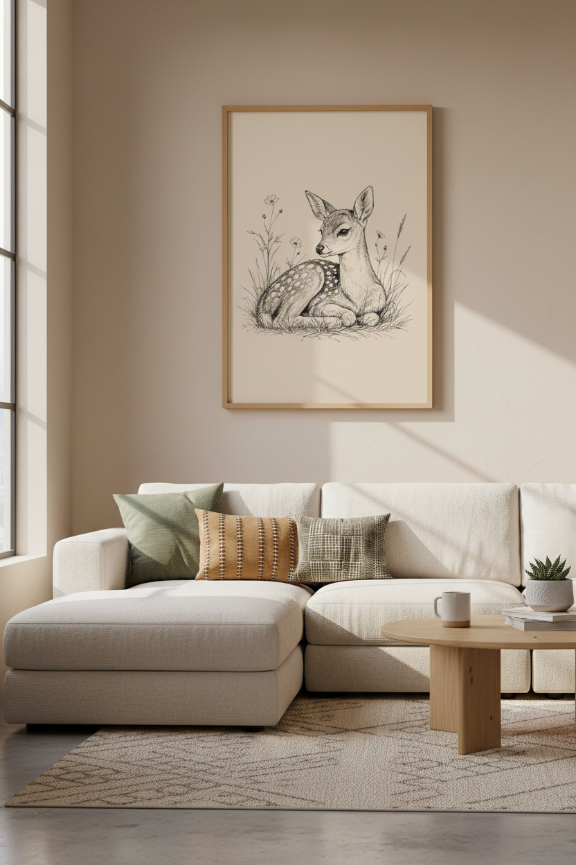 Baby Deer Fawn Sketch Wall Art | Woodland Nursery Decor | Vintage Animal Poster