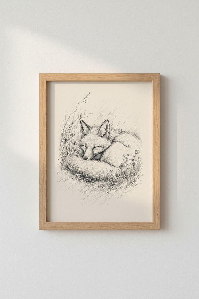 Sleeping Fox Ink Sketch | Woodland Nature Wall Art, Nursery &amp; Cottagecore Decor
