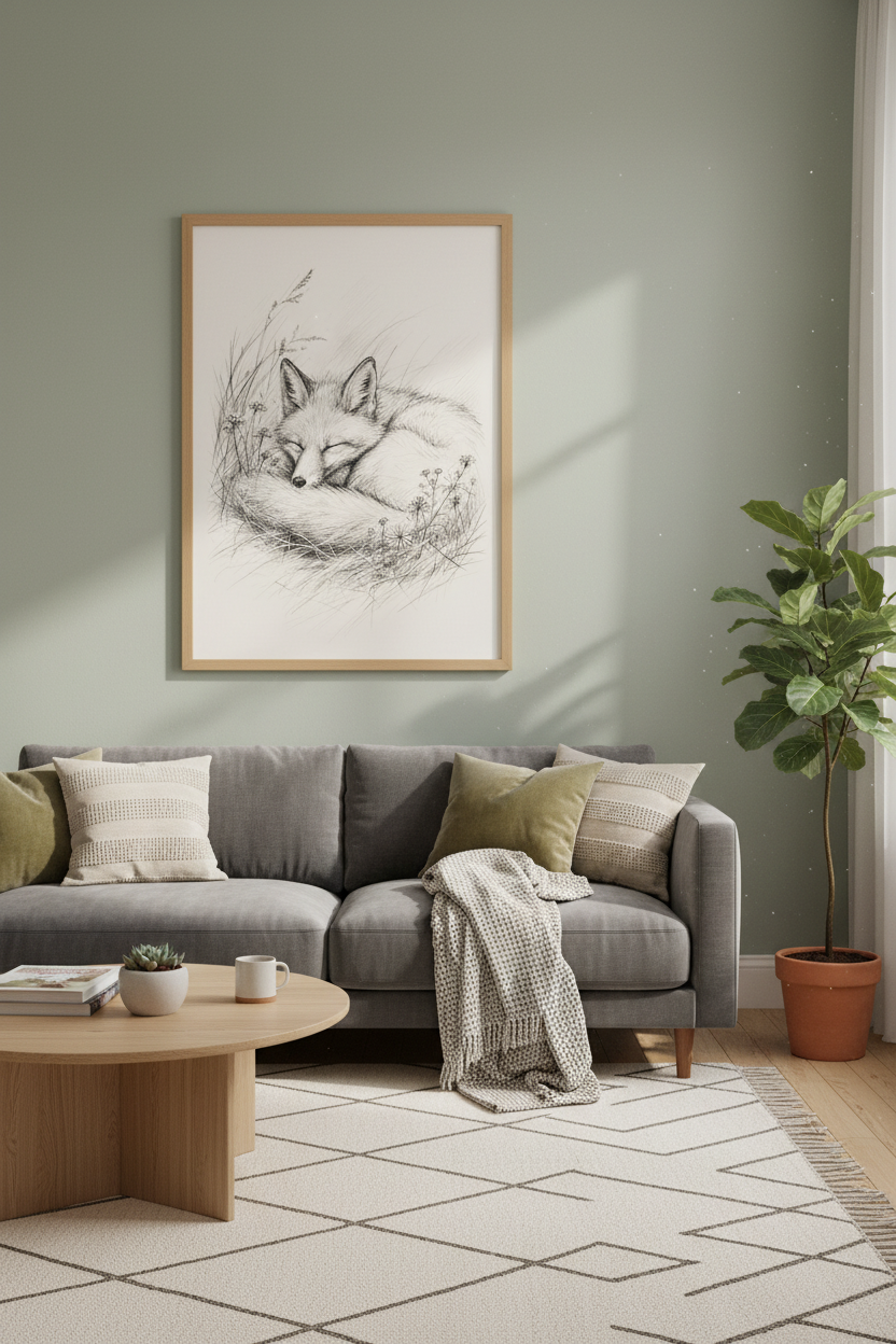 Sleeping Fox Ink Sketch | Woodland Nature Wall Art, Nursery &amp; Cottagecore Decor
