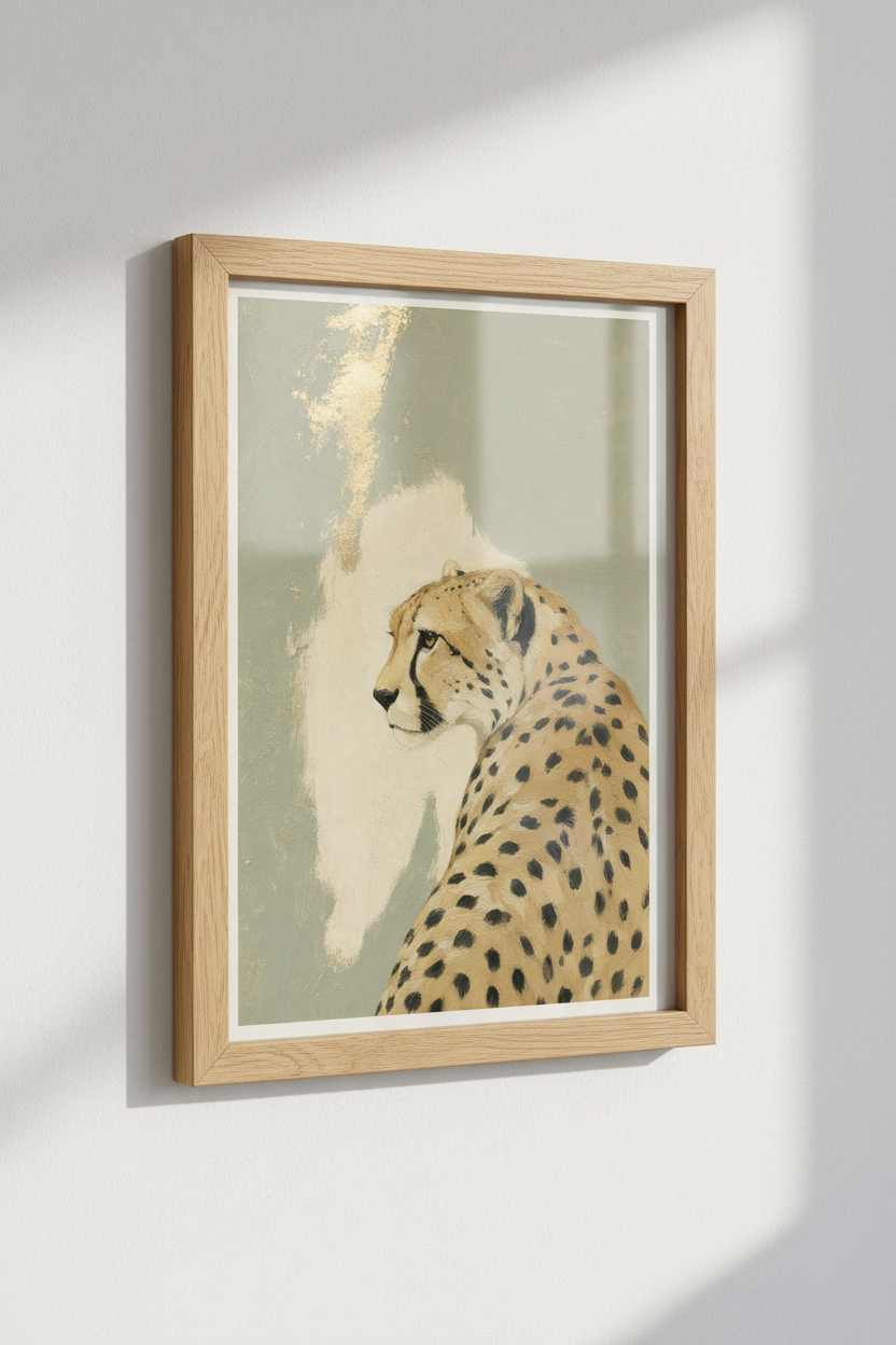 Cheetah Portrait | Sage Green &amp; Gold Oil Painting, Safari Nursery Wall Art