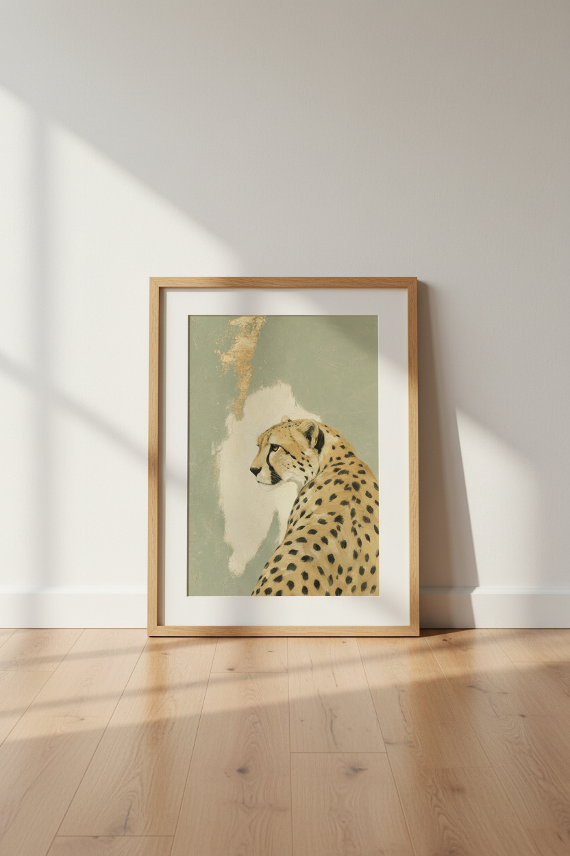 Cheetah Portrait | Sage Green &amp; Gold Oil Painting, Safari Nursery Wall Art