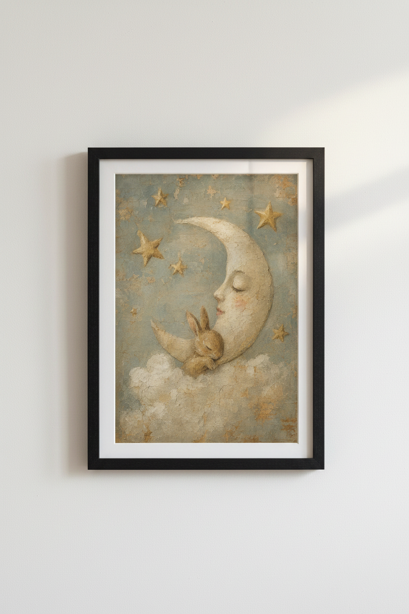 Vintage Rabbit and Moon Wall Art | Celestial Nursery Decor | Whimsical Poster