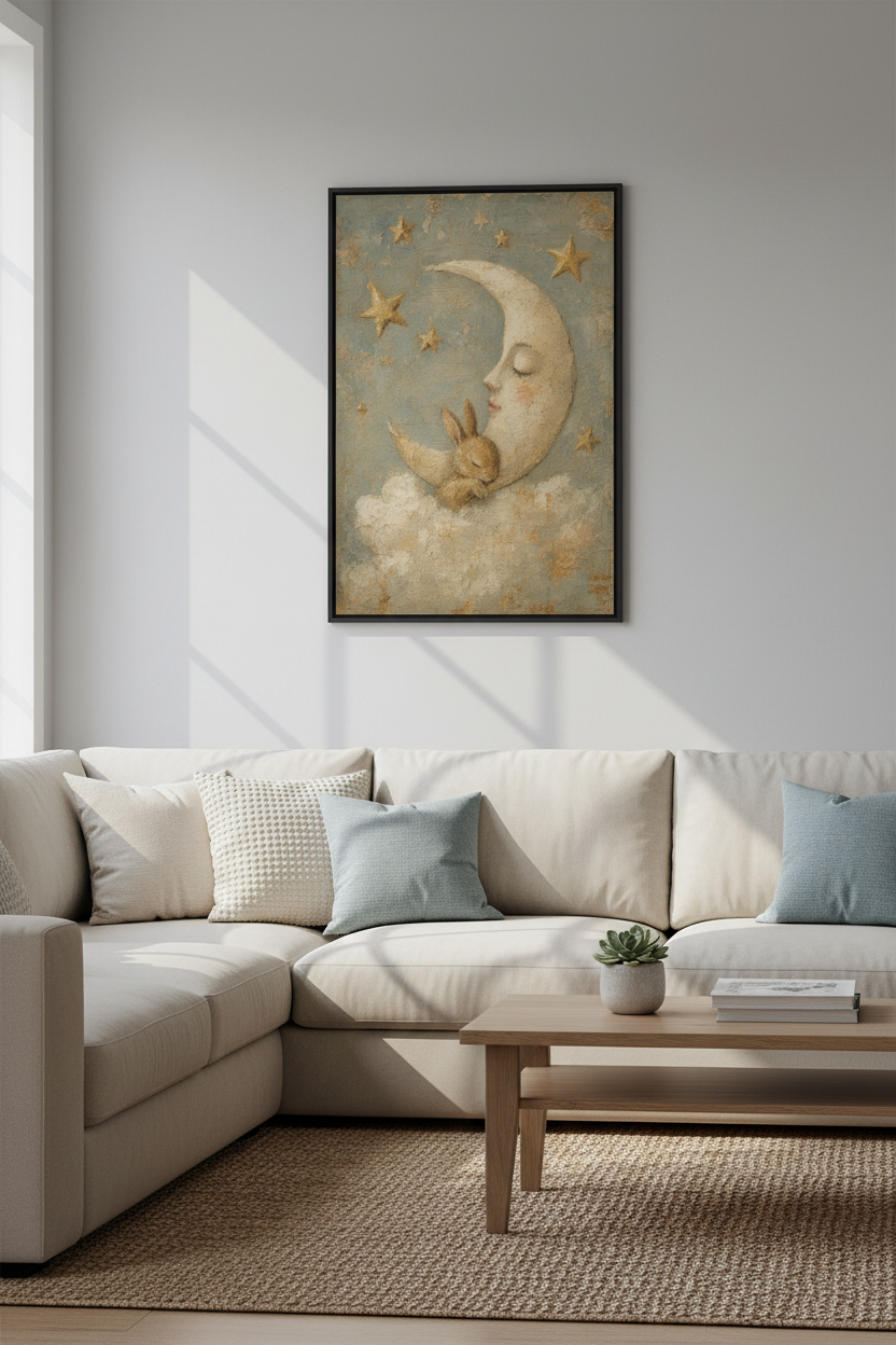 Vintage Rabbit and Moon Wall Art | Celestial Nursery Decor | Whimsical Poster