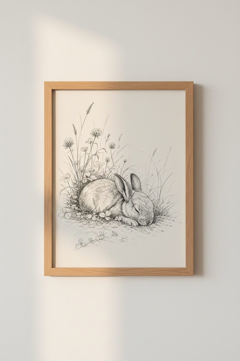 Sleeping Bunny Sketch | Vintage Ink Illustration Rabbit, Nursery Nature Wall Art