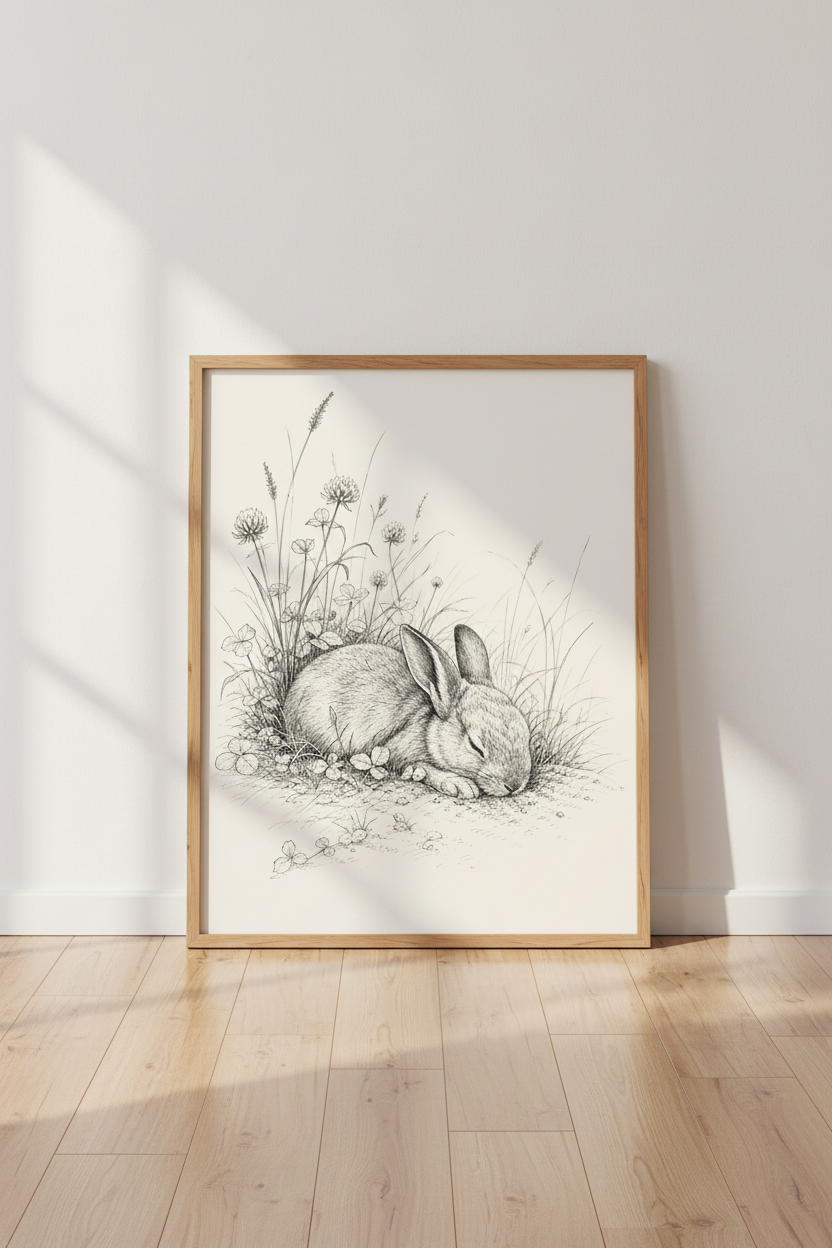 Sleeping Bunny Sketch | Vintage Ink Illustration Rabbit, Nursery Nature Wall Art