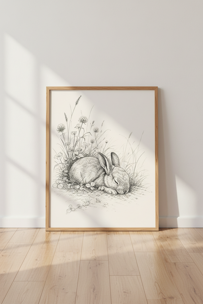 Sleeping Bunny Sketch | Vintage Ink Illustration Rabbit, Nursery Nature Wall Art
