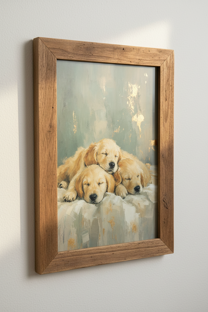 Sleeping Golden Retriever Puppies | Sage Green &amp; Gold Oil Painting, Nursery Wall Art