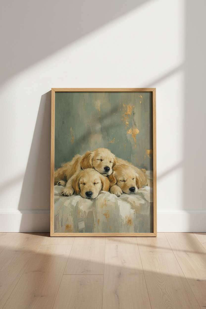 Sleeping Golden Retriever Puppies | Sage Green &amp; Gold Oil Painting, Nursery Wall Art