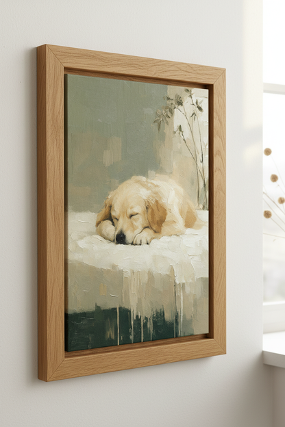 Golden Retriever Oil Painting Print | Sleeping Dog Nursery Wall Art | Sage Green Poster
