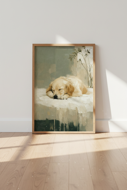 Golden Retriever Oil Painting Print | Sleeping Dog Nursery Wall Art | Sage Green Poster
