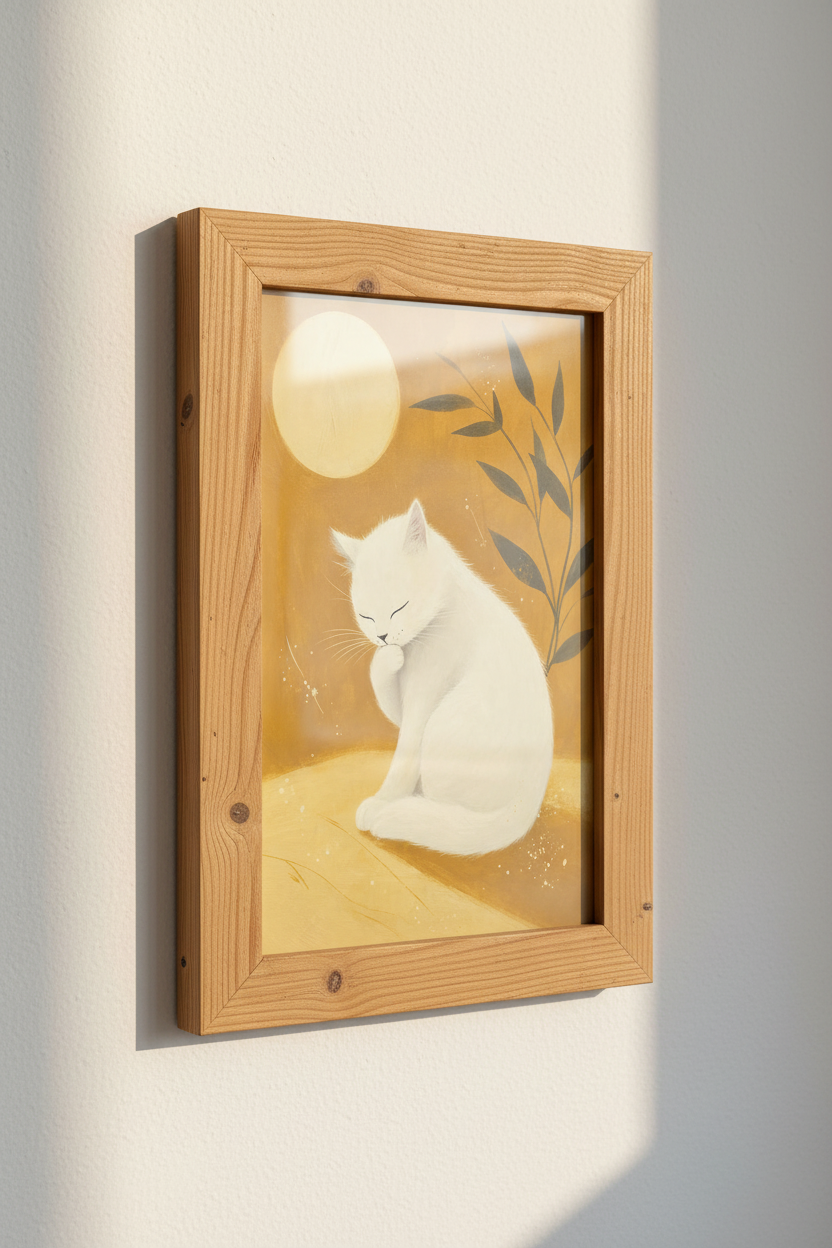White Cat Moonlit Folk Art | Mustard Yellow Poster, Bedroom &amp; Nursery Wall Decor