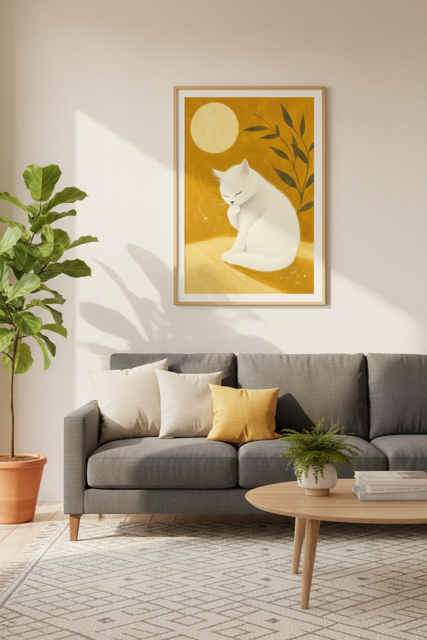 White Cat Moonlit Folk Art | Mustard Yellow Poster, Bedroom &amp; Nursery Wall Decor