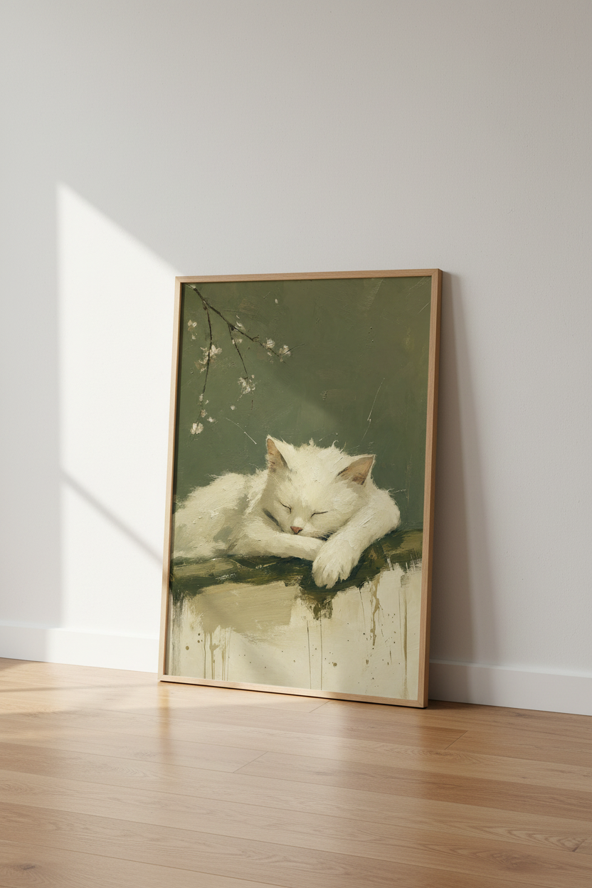 Sleeping White Cat Oil Painting | Sage Green Nursery Decor | Vintage Style Poster