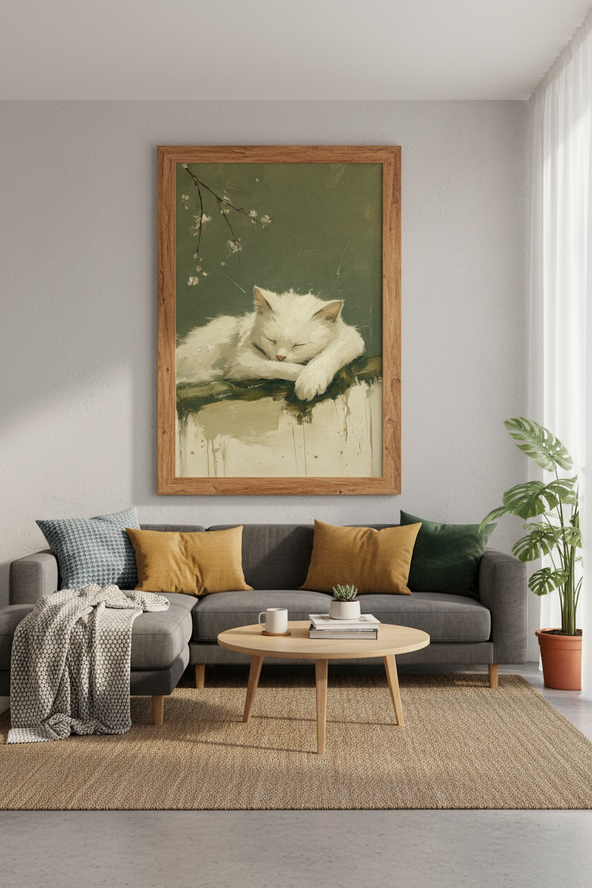 Sleeping White Cat Oil Painting | Sage Green Nursery Decor | Vintage Style Poster