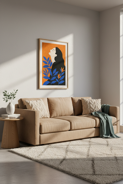 Modern wall art | Orange and blue portrait, Living room decor